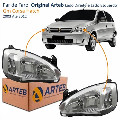 Par de Farol Principal Gm Corsa Hatch 2003 Até 2012 Original Arteb Pisca Raiado Máscara Cromada