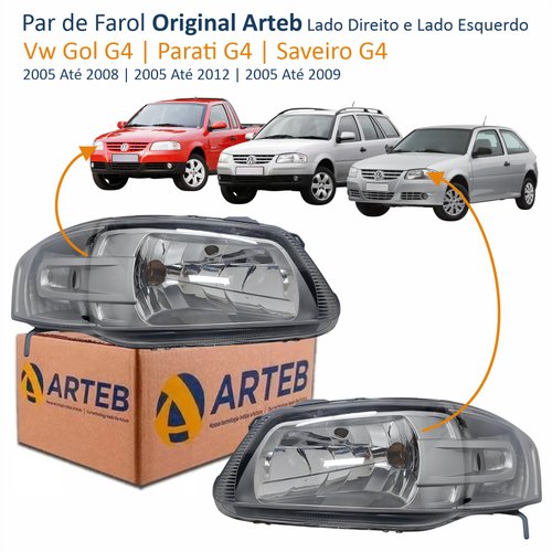 Par de Farol Principal Vw Gol G4 2005 Até 2008 Parati G4 2005 Até 2012 Saveiro G4 2005 Até 2009 Original Arteb Máscara Cinza