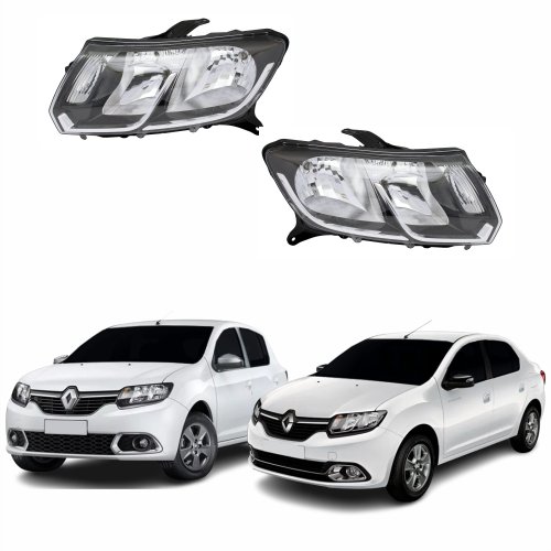 Par de Farol Renault Logan Sandero 2015 até 2019 Máscara Negra Friso Cromado