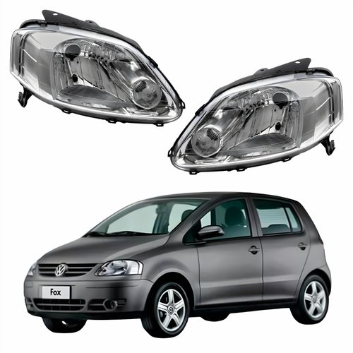 Par de Farol Vw Fox 2003 Até 2009 Máscara Cromada