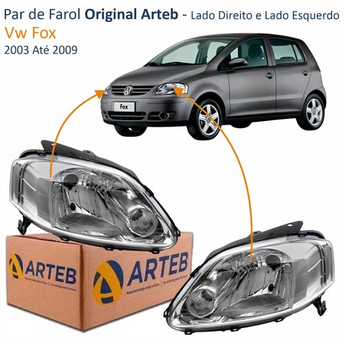 Par de Farol Vw Fox 2003 Até 2009 Original Arteb Máscara Cromada
