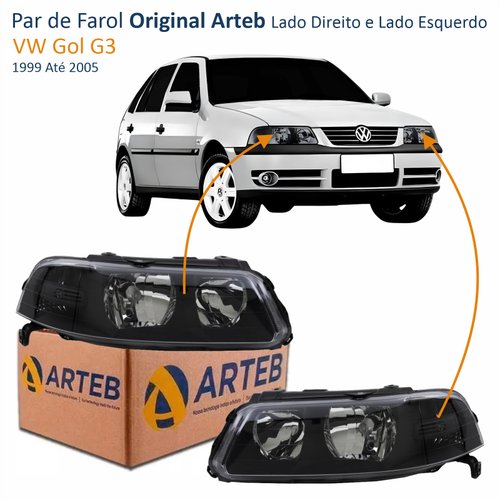Par de Farol VW Gol G3 1999 Até 2005 Original Arteb Foco Duplo Máscara Negra