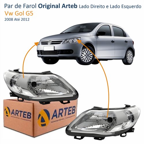 Par de Farol Vw Gol G5 2008 Até 2012 Original Arteb Máscara Cromada
