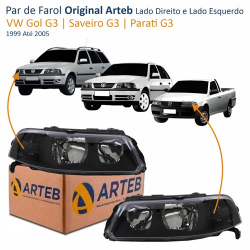 Par de Farol VW Gol Saveiro Parati G3 1999 Até 2005 Original Arteb Foco Duplo Máscara Negra