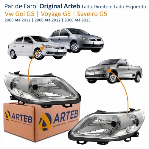 Par de Farol Vw Gol Voyage G5 2008 Até 2012 Saveiro G5 2008 Até 2013 Original Arteb Máscara Cromada