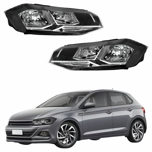 Par de Farol Vw Polo 2018 Até 2022 Máscara Negra Com Friso Cromado
