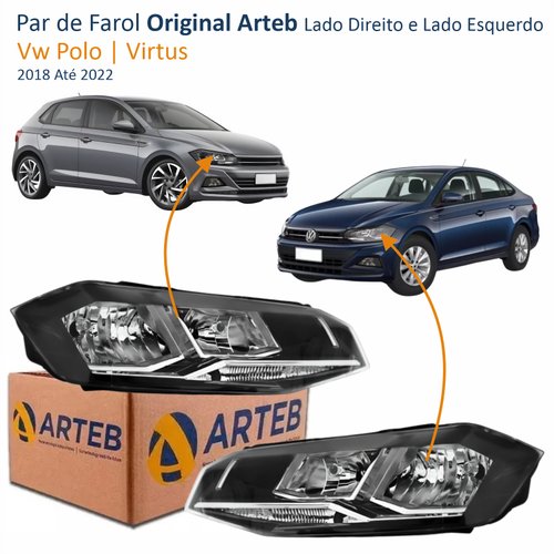 Par de Farol Vw Polo Virtus 2018 Até 2022 Original Arteb Máscara Negra Com Friso Cromado