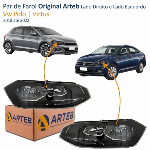 Par de Farol Vw Polo Virtus 2018 Até 2022 Original Arteb Máscara Negra Com Friso Preto