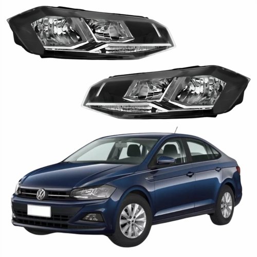 Par de Farol Vw Virtus 2018 Até 2022 Máscara Negra Com Friso Cromado