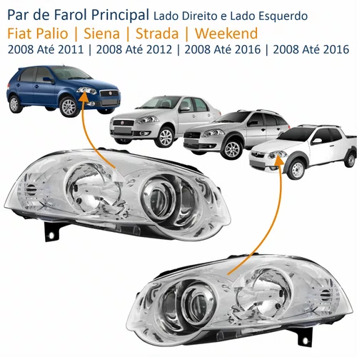 Par Farol Fiat Palio 2008 Até 2011 Siena 2008 Até 2012 Strada Weekend 2008 Até 2016 Máscara Cromada Com Anel Cromado