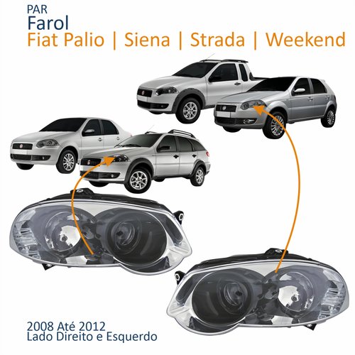 Par Farol Principal Fiat Palio Siena Strada Weekend 2008 Até 2012 Máscara Cromada Anel Negro
