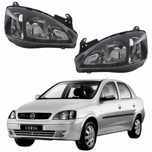 Par Farol GM Corsa Sedan 2003 Até 2012 Foco Duplo Máscara Negra Pisca Liso