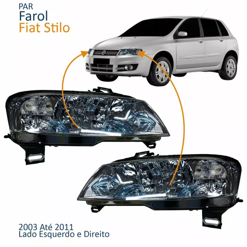 Par Farol Principal Fiat Stilo 2003 Até 2011 Elétrico Cromado Com Auxiliar Plug Quadrado