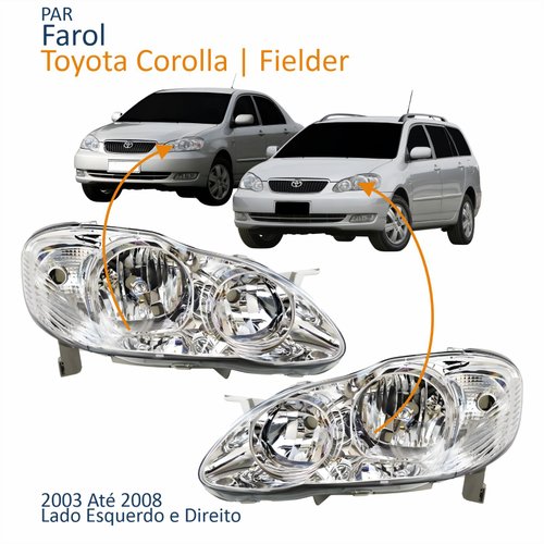 Par Farol Principal Toyota Corolla Fielder 2003 Até 2008 Máscara Cromada Com Lente Frisada