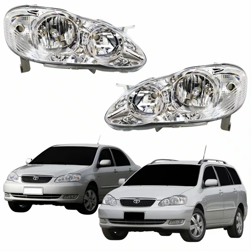 Par Farol Principal Toyota Corolla Fielder 2003 Até 2008 Máscara Cromada Com Lente Frisada