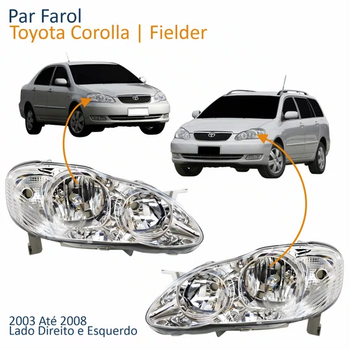 Par Farol Principal Toyota Corolla Fielder 2003 Até 2008 Máscara Cromada Com Lente Frisada