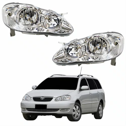 Par Farol Principal Toyota Fielder 2003 Até 2008 Máscara Cromada Com Lente Frisada