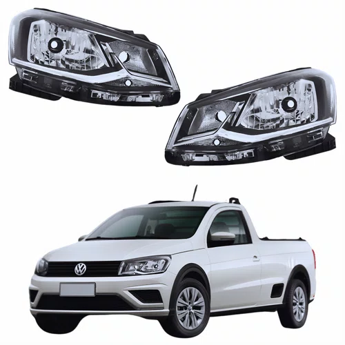 Par Farol Principal Vw Saveiro G7 2018 Até 2020 Foco Simples Friso Cromado