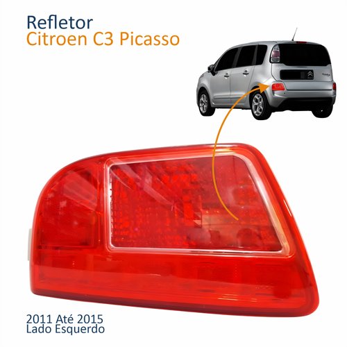 Refletor Traseiro Parachoque Citroen C3 Picasso 2011 Até 2015 Vermelho Cristal Lado Esquerdo Motorista