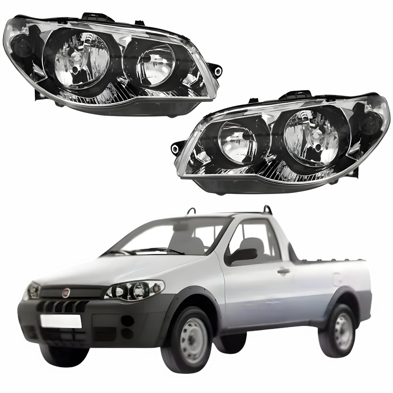 Par Farol Principal Fiat Strada 2004 Até 2014 Máscara Cromada Anel ...