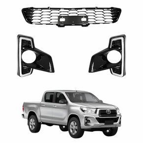 Kit Grade Parachoque Dianteiro Toyota Hilux Srv 2018 2019 2020 Central E Milha Black Piano Com Moldura Cromada
