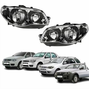 Par de Farol Fiat Palio G3 2003 Até 2014 Siena Strada Weekend G3 2003 Até 2012 Original Arteb Máscara Cromada Com Aro Negro Foco Duplo