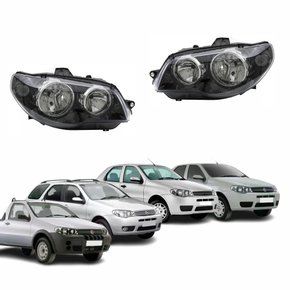 Par de Farol Fiat Palio G3 Siena Strada Weekend 2003 Até 2014 Foco Duplo Máscara Negra Canhão Cromado