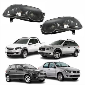 Par de Farol Fiat Palio Siena Strada Weekend G4 2008 Até 2016 Foco Duplo Máscara Negra com Anel Preto