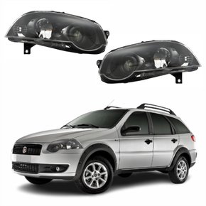 Par de Farol Fiat Palio Weekend G4 2008 Até 2016 Foco Duplo Máscara Negra com Anel Preto