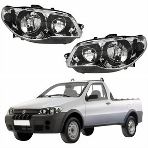 Par de Farol Fiat Strada G3 2003 Até 2012 Original Arteb Máscara Cromada Com Aro Negro Foco Duplo