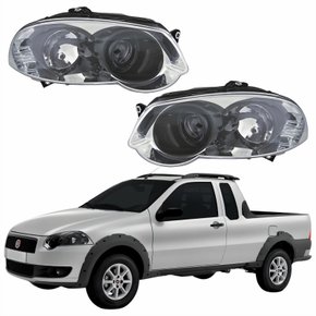 Par Farol Principal Fiat Strada 2008 Até 2012 Máscara Cromada Anel Negro