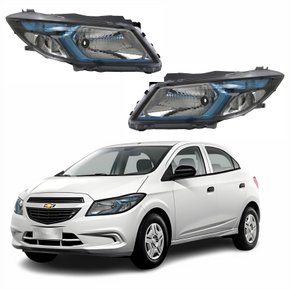 Par Farol Principal Gm Onix 2012 Até 2016 Máscara Negra Friso Azul