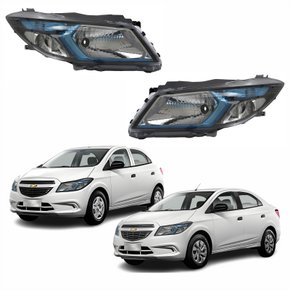 Par Farol Principal Gm Onix Prisma 2012 Até 2016 Máscara Negra Friso Azul