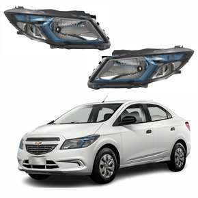 Par Farol Principal Gm Prisma 2012 Até 2016 Máscara Negra Friso Azul