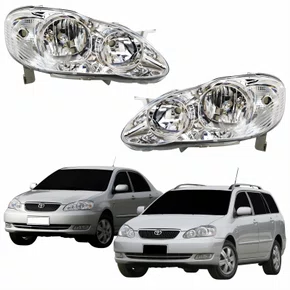 Par Farol Principal Toyota Corolla Fielder 2003 Até 2008 Máscara Cromada Com Lente Frisada